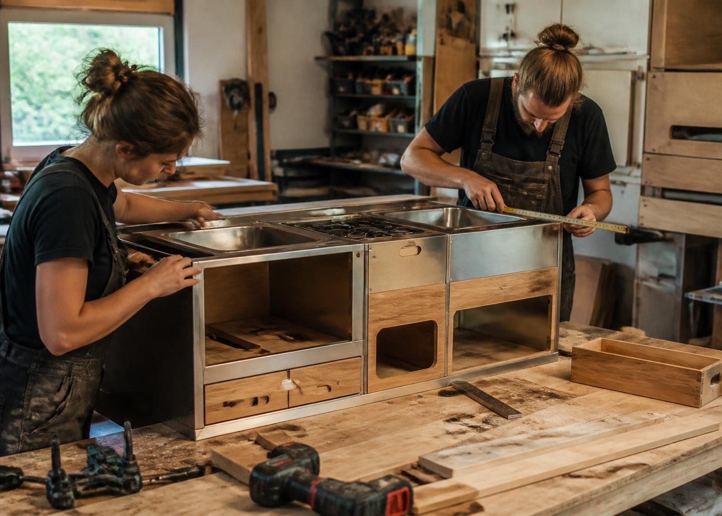 Zwei Handwerker der [p3]-Werkstatt in Freiburg bauen ein Modul für eine mobile Küche aus Holz und Edelstahl